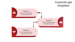 Corporate PPT slide with red arrows and icons, showing sections for caption and content on various business steps.