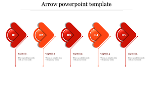 Five red arrows in a horizontal layout, each pointing with a circular marker and associated caption areas.