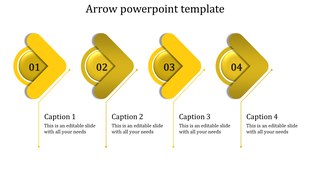 Arrow PowerPoint template with four yellow arrow icons numbered 01 to 04, each paired with caption text.