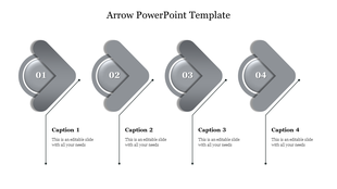 Four gray arrow shapes pointing right with numbered circles, each linked to captions below by thin lines.