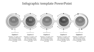 Infographic PowerPoint slide featuring five grey circles with numbered sections, each with a caption and placeholder text.