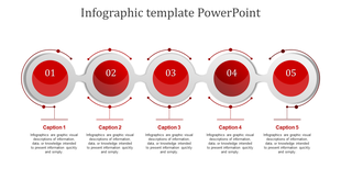 Red and gray five step infographic with circular elements connected in a wave like pattern, each labeled numerically.