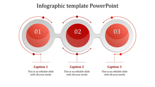 Infographic PowerPoint template with three red numbered circles and corresponding captions.