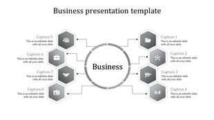 Infographic slide for business strategy, featuring a circle linked to eight hexagons containing business-related icons.