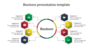 Business framework slide design, showing a structured layout with a central business concept linked to key topics.