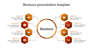 An orange themed business template featuring a central circle connected to eight hexagonal elements on both sides.