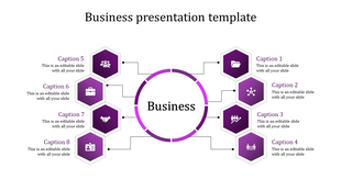Business strategy diagram illustrating key business element using eight labeled hexagonal purple nodes connected to a circle.
