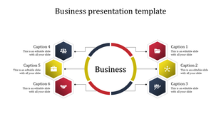 Business slide with a central circle linked to six hexagons in red, yellow, and navy, each with icons and captions.