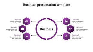 Slide showing a circular business center with six surrounding purple hexagons containing icons and text.