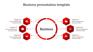 Business PPT template featuring a central circle with six red hexagons surrounding it, each with a caption and icon.