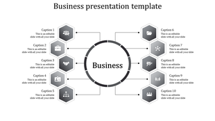 Business network diagram with a central concept surrounded by ten gray hexagonal elements, each containing an icon.