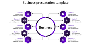 Business presentation template with a central circle and ten colorful hexagon sections for captions and icons.