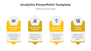 Infographic design with four yellow topped boxes showcasing key analytics concepts and pentagonal icons.