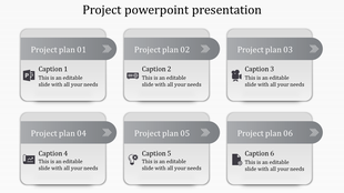 Project slide displaying six rounded rectangular elements with gradient headers, placeholder text areas.