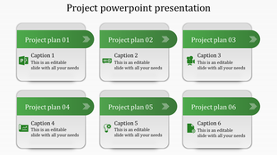Green themed grid layout featuring six rectangular sections for project plans with icons and captions in a clean design.