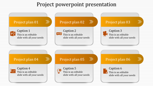 Project PPT slide with six project plan sections, each with icons for tasks like PowerPoint, presentation, and analytics.