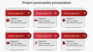 Six step project layout in red with rounded rectangular sections organized in two rows for clear project details.
