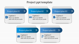 A Project PowerPoint slide with five project plans, each containing a caption and corresponding icons.