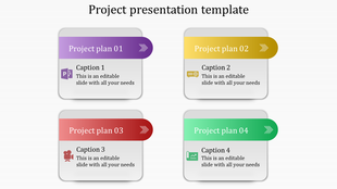 Project presentation layout with four colored rectangular sections in purple, yellow, red, and green with captions.