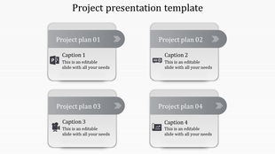 Project PPT template with four steps labeled Project Plan 01 to 04, featuring icons and caption sections for each task.