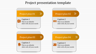 Project workflow template displaying four rounded rectangular boxes with bold orange headers, placeholder text areas.