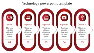 Red and white technology PPT template with five sections featuring icons for a computer, wireless, radio, camera, and USB.