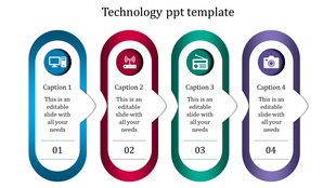 Four vertical oval shapes in blue, red, green, and purple with icons, captions, and numbered sections in a row.