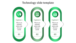 Green themed technology slide with icons for computer, internet, and radio, with captions.