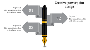 Creative slide design with a fountain pen in the center and arrows labeled 01, 02, and 03 pointing in different directions.