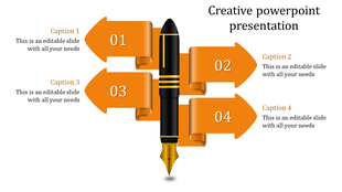 Creative PowerPoint template featuring a fountain pen surrounded by four orange arrows with sections labeled 1 to 4.