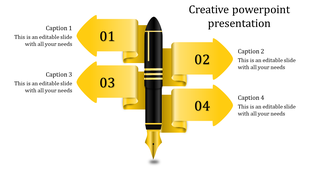 Creative PowerPoint template featuring a fountain pen surrounded by four yellow arrows with sections labeled 1 to 4.
