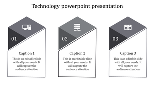 Presentation design with three gray pentagonal shapes containing numbered icons and captions in a clean layout.