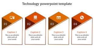 Modern tech layout using four vertical pentagonal elements, each showcasing a different tech-related topic.