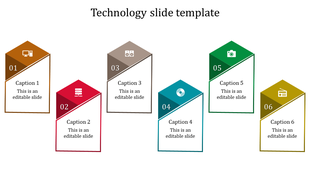 Colorful technology slide featuring six blocks with icons from computer to radio with captions.