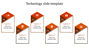 Technology design featuring six uniquely arranged pentagon blocks with numbered labels and tech-related icons. 