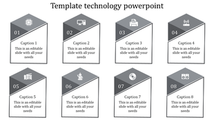 Technology PPT template featuring icons from microchips to speakers with captions in gray blocks.