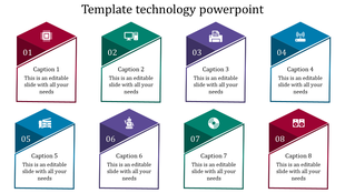 Infographic design featuring eight pentagonal shapes in various colors with technology icons and numbered captions.