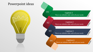 Ideas PowerPoint slide with a light bulb and four sections in green, red, navy, and orange with captions.