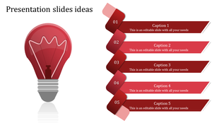 Glowing red light bulb symbolizes idea and creativity, with five curved ribbon steps in red displaying captions.