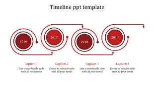 Red timeline with circular milestones for 2016 to 2019, connected by arrows, and captions below each step.