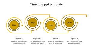 Yellow themed timeline PowerPoint template showing years 2016 to 2019 with circular markers and captions.