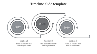 Gray timeline slide with circular milestones for 2017, 2018, and 2019, with captions below each circle.