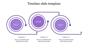 Purple timeline slide with circular markers for years 2017, 2018, and 2019, with captions.