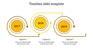 Timeline slide with three yellow circular markers labeled 2017, 2018, and 2019 connected by curved arrows.