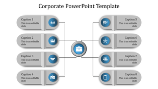 Central briefcase icon linked to eight rounded gray sections with blue circular icons arranged symmetrically.