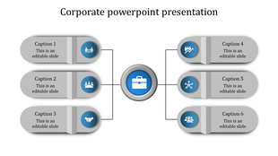 Corporate themed infographic with a central hub, six rounded text boxes with business-related icons, and connecting lines.