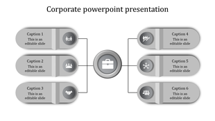 Gray themed infographic with a central hub and six surrounding captions linked with thin black lines.