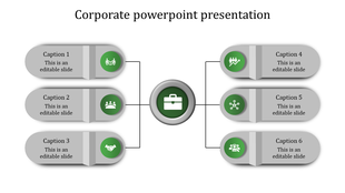Corporate PPT slide with a central green icon with six surrounding sections, each with a different concept with captions.