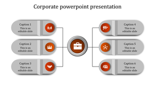 Corporate themed infographic with a central hub, six rounded text boxes with orange business icons, and connecting lines.