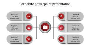 Corporate PPT slide with a central red icon with six surrounding sections, each with a different concept with captions.